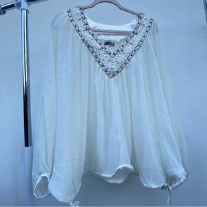 Ivory White Chiffon Beaded Batwing Blouse One Size